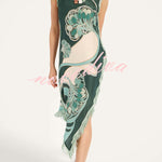 Bohemian Style Floral Print Tassel Trim Irregular Hem Slit Scarf Midi Dress