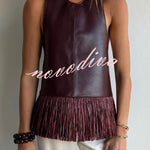 Stylish Halter Neck Sleeveless Leather Tassel Loose Top