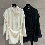 Textured Slanted Placket Tie-Strap Fake Two-Piece Shirt