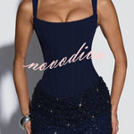 Yeona Square Neck Back Lace-up Sequin Embellished Drape Cowl Overlay Maxi Dress