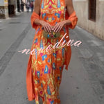 Riviera Unique Print Slit Tank Midi Dress and Satin Kimono Cover-up Two Pieces Set