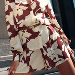 Botanical Print Collared Long-sleeved Loose-fitting Shirt and Elastic Waist Casual Shorts Set