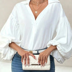 Stylish Polka Dot Print Collared Puff Sleeve Loose Shirt