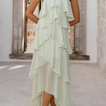 Solid Color Chiffon Halter Neck Elegant Ruffle Maxi Dress