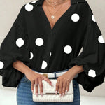 Stylish Polka Dot Print Collared Puff Sleeve Loose Shirt