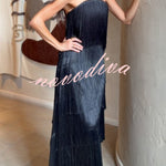 Party Queen Layered Tassel Design Off Shoulder Back Tie-up Maxi Dress