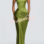 Ella Satin Detachable Asymmetric Off Shoulder Drape Panel Back Lace-up Maxi Dress