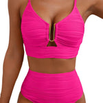 Solid Color V-neck Hollowed-out Pleated High Waist Stretch Two-Piece Bikini Swimsuit