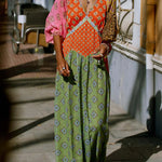 Genovah Colorful Tile Print Patchwork V-neck Balloon Sleeve Maxi Dress