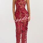 Sienna Floral Embroidered Fabric Off Shoulder Mermaid Silhouette Slit Maxi Dress