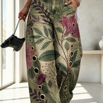 Faux Denim Unique Print Mid Rise Silver Stud Detail  Pocket Barrel Pants
