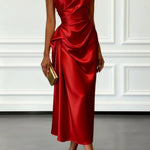 Satin One-shoulder Pleated Waist Elegant Midi Dress