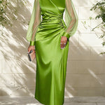 Zeagoo Women's Classic Satin Mesh Sleeve Ruched Maxi Wrap Dress