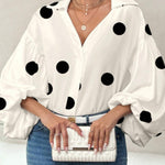 Stylish Polka Dot Print Collared Puff Sleeve Loose Shirt