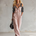 Stylish Color-blocked Striped Sleeve Pink Cotton Jumpsuit