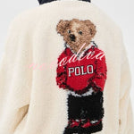 Cute Bear Print Colorblock High-Pile Fleece Zipper High Neck Long Sleeve Pocket Sweatshirts