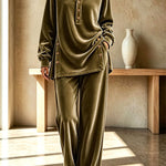 Velvet Button Detail Shirt Neck Top and Elastic Waist Pocket Wide Leg Pants Set
