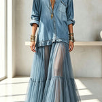 Retro-style Faux Denim Long Sleeve Pocket Tulle Hem Shirt Maxi Dress