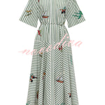 Linen Blend Striped Print Collared Short-sleeved Fitted Waist Belted Casual Maxi Dress