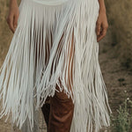 Retro Premium Western Style Brown Belt White Suede Tassel Skirt
