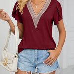 Zeagoo Zeagoo Women's Contrast Lace Trim V Neck Blouses Petal Short Sleeve Tunic Loose Casual Soft Shirts