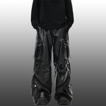 Vintage Multi-Pocket Shiny Leather Loose Wide-Leg Casual Pants