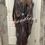 Airy Satin Unique Print V-neck Gemstone Embellished Drape Robe Maxi Dress