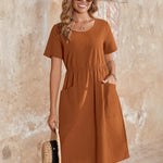 Zeagoo Womens Midi Dress Short Sleeve A-Line Cotton Linen Dress