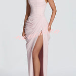 Cyra Back Lace-up Asymmetrical Pleats Strapless Slit Maxi Dress