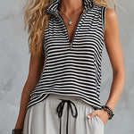 Casual Sporty Retro Half-Zip Black and White Striped Sleeveless Top