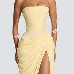 Cyra Back Lace-up Asymmetrical Pleats Strapless Slit Maxi Dress