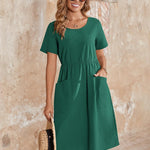 Zeagoo Womens Midi Dress Short Sleeve A-Line Cotton Linen Dress