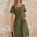 Zeagoo Womens Midi Dress Short Sleeve A-Line Cotton Linen Dress