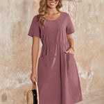 Zeagoo Womens Midi Dress Short Sleeve A-Line Cotton Linen Dress
