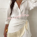 Sorena Linen Blend Button Up Long Sleeve Midi Blouse and Tassel Trim Warp Cover-up Mini Dress Set