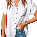 Zeagoo Linen Shirts Cotton Short Sleeve V Neck Collared Blouses