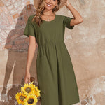 Zeagoo Womens Midi Dress Short Sleeve A-Line Cotton Linen Dress