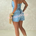 Avantie Denim Off Shoulder Back Smocked Zipper Romper
