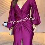 Raise A Toast Satin Long Balloon Sleeve Twist Waist Slit Maxi Dress