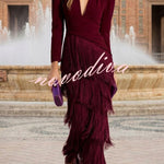 Elegant Night V-Neck Long Sleeve Layered Tassel Hem Maxi Dress