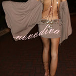 Alula Chain Sequin Embroidered Butterfly Kimono Slit Sleeve Backless Mini Dress