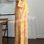 Floral Print Satin Knotted Button Long Sleeve Shirt and Elastic Waist Pocket Wide Leg Pants Set