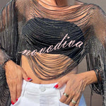 Sparkling Rhinestone Embellished Drape Tassel Batwing Sleeve Loose Crop Cover-up