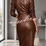 Faux PU Leather V-Neck Long Sleeve Stretch Pencil Midi Dress