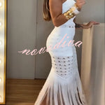 Refresh Style Knit Hollow Out One Shoulder Cutout Waist Tassel Hem Maxi Dress
