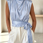 L'Aura Padded-Shoulder Wrap-Around Satin Top