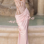 Bonita Floral Lace Contrast Structural Detail Asymmetrical Pleats Halter Slit Maxi Dress