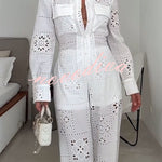 Vivi Embroidered Lace Cutout Long Sleeve Pocket Elastic Waist Loose Shirt Jumpsuit
