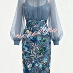 Analie Chiffon High Neck Lantern Sleeve Floral Sequined Hem Sheath Midi Dress