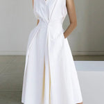 2025 Beige Peter Pan Collar Pockets Cotton Dress Sleeveless